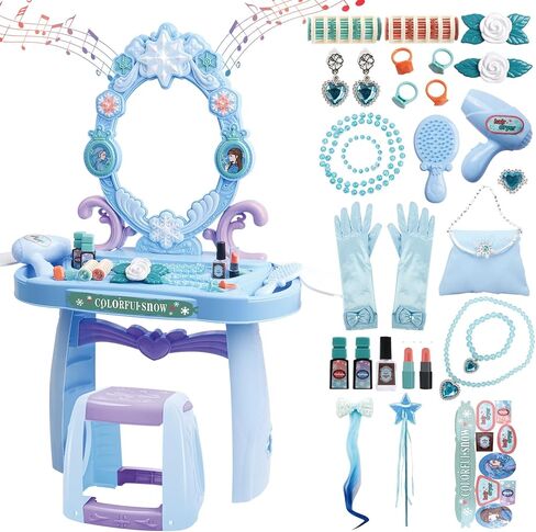 deAO Toddler Vanity Makeup Table Toy with Mirror & Chair,Kids Vanity with Light&Music,Pretend Play Makeup Toy with Hair Dryer Toy,Toddler Beauty Salon Set,Gift for Girls 3 4 5 in Kuwait