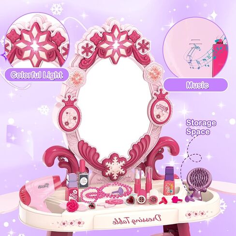 deAO Toddler Vanity Makeup Table Toy with Mirror & Chair,Kids Vanity with Light&Music,Pretend Play Makeup Toy with Hair Dryer Toy,Toddler Beauty Salon Set,Gift for Girls 3 4 5 in Kuwait