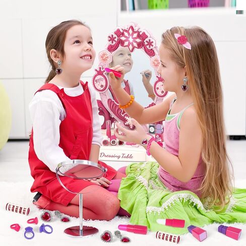deAO Toddler Vanity Makeup Table Toy with Mirror & Chair,Kids Vanity with Light&Music,Pretend Play Makeup Toy with Hair Dryer Toy,Toddler Beauty Salon Set,Gift for Girls 3 4 5 in Kuwait