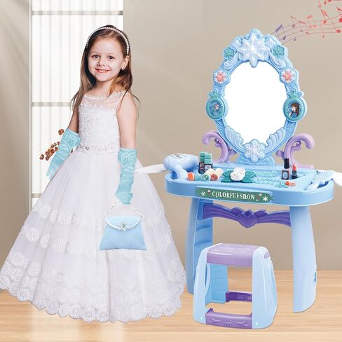deAO Toddler Vanity Makeup Table Toy with Mirror & Chair,Kids Vanity with Light&Music,Pretend Play Makeup Toy with Hair Dryer Toy,Toddler Beauty Salon Set,Gift for Girls 3 4 5 in Kuwait