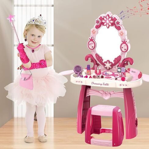 deAO Toddler Vanity Makeup Table Toy with Mirror & Chair,Kids Vanity with Light&Music,Pretend Play Makeup Toy with Hair Dryer Toy,Toddler Beauty Salon Set,Gift for Girls 3 4 5 in Kuwait