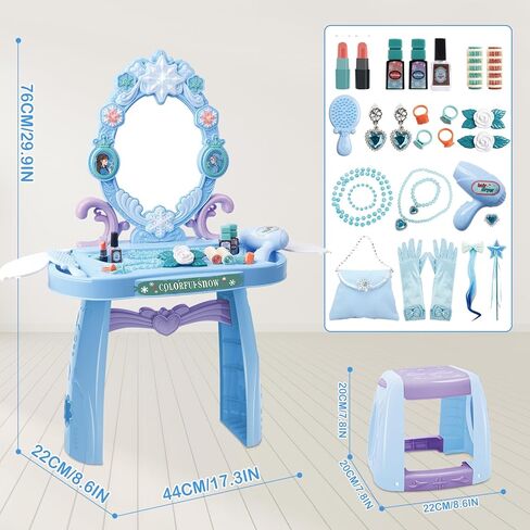 deAO Toddler Vanity Makeup Table Toy with Mirror & Chair,Kids Vanity with Light&Music,Pretend Play Makeup Toy with Hair Dryer Toy,Toddler Beauty Salon Set,Gift for Girls 3 4 5 in Kuwait