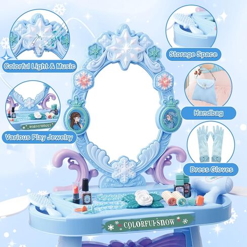 deAO Toddler Vanity Makeup Table Toy with Mirror & Chair,Kids Vanity with Light&Music,Pretend Play Makeup Toy with Hair Dryer Toy,Toddler Beauty Salon Set,Gift for Girls 3 4 5 in Kuwait
