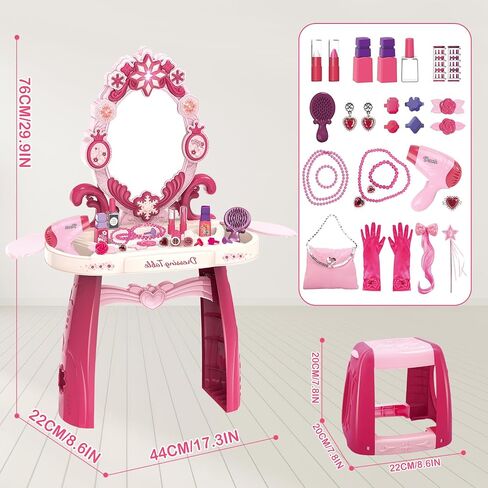 deAO Toddler Vanity Makeup Table Toy with Mirror & Chair,Kids Vanity with Light&Music,Pretend Play Makeup Toy with Hair Dryer Toy,Toddler Beauty Salon Set,Gift for Girls 3 4 5 in Kuwait