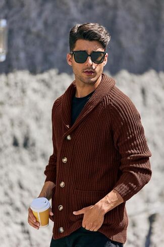 Runcati Mens Shawl Collar Cardigan Sweaters Button Down Open Front Knitwear Cable Knitted Ribbed Jackets Outwear in Kuwait