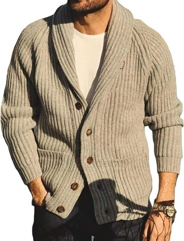 Runcati Mens Shawl Collar Cardigan Sweaters Button Down Open Front Knitwear Cable Knitted Ribbed Jackets Outwear in Kuwait
