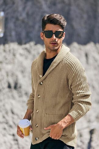 Runcati Mens Shawl Collar Cardigan Sweaters Button Down Open Front Knitwear Cable Knitted Ribbed Jackets Outwear in Kuwait
