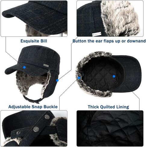 TOP-EX المتضخم XL/XXL للجنسين الشتاء الصياد قبعة عسكرية فو الفراء إيرفلابس مبطن اصطف قبعة بيسبول in Saudi Arabia