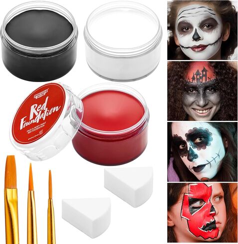 Spooktacular Creations 8 قطع مجموعة مكياج الهالوين 3 مجموعة أساس زيتية لطلاء الوجه والجسم مع 3 فرش طلاء، 2 إسفنجة لمهرج الهالوين SFX Zombie Skeleton Cosplay (أبيض أسود أحمر) in Saudi Arabia