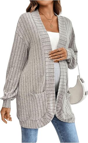 MakeMeChic Women's Maternity Rib Knit Open Front Long Sleeve Cardigan Sweater with Pocket in Saudi Arabia
