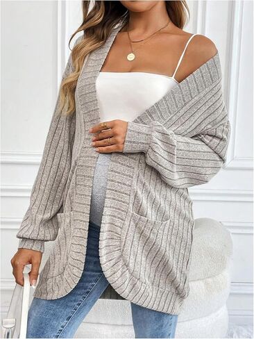 MakeMeChic Women's Maternity Rib Knit Open Front Long Sleeve Cardigan Sweater with Pocket in Saudi Arabia