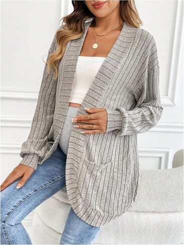 MakeMeChic Women's Maternity Rib Knit Open Front Long Sleeve Cardigan Sweater with Pocket in Saudi Arabia
