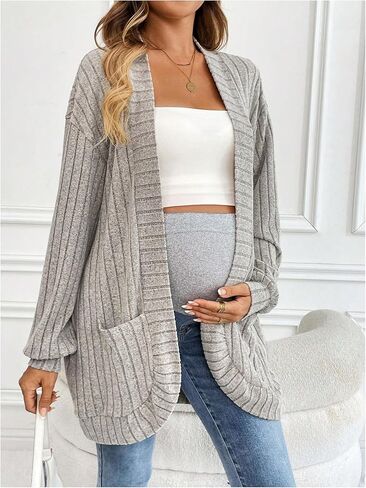 MakeMeChic Women's Maternity Rib Knit Open Front Long Sleeve Cardigan Sweater with Pocket in Saudi Arabia