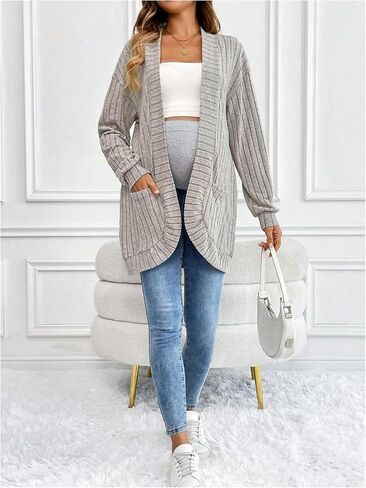 MakeMeChic Women's Maternity Rib Knit Open Front Long Sleeve Cardigan Sweater with Pocket in Saudi Arabia