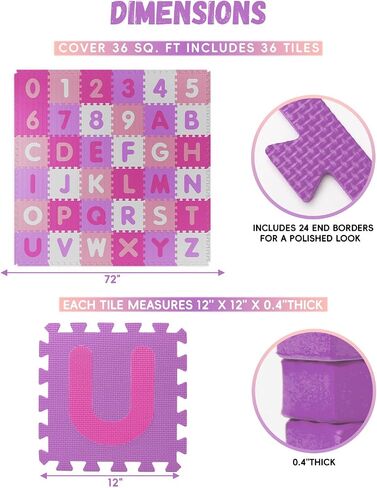 36PCS Foam Floor Tiles Interlocking Puzzle Foam Tiles for Kids Soft Baby Play Mat, 12"x12" Large Educationa Jigsaw Foam Floor Mats for Playroom, Nursery, Gym Pink-Purple(B) in Saudi Arabia