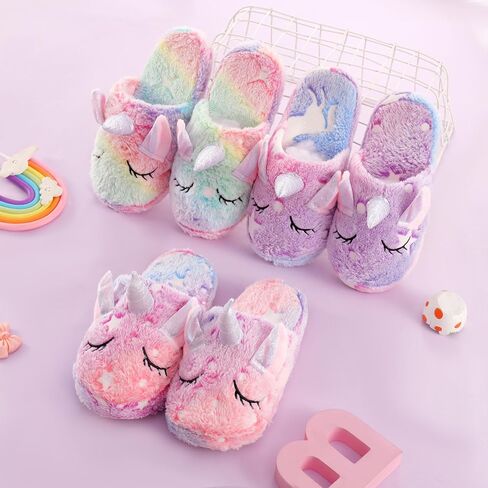 Kids Fuzzy Slippers for Girls Boys Unicorn Glow in the Dark Plush Fleece Warm Indoor Shoes in Kuwait