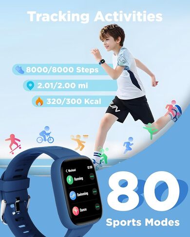 ساعة ذكية BIGGERFIVE للأطفال، 1.8 بوصة لتتبع اللياقة البدنية، عداد الخطى، معدل ضربات القلب، مقاومة للماء IP68، مراقب النوم، عداد خطوات السعرات الحرارية، 5 ألعاب ألغاز مع/بدون تطبيق للفتيات المراهقات 5-16 in Kuwait