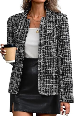 ELLEVEN Womens' Tweed Blazer Long Sleeve Jacket Notch Collar Fully Lined Casual Business Trendy Elegant Work Office Coat in Kuwait