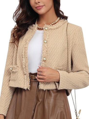 سترات M.Infisavo Tweed Blazer للنساء بأكمام طويلة أنيقة للعمل المكتبي والأعمال التجارية سترة تويد مقصوصة in Kuwait