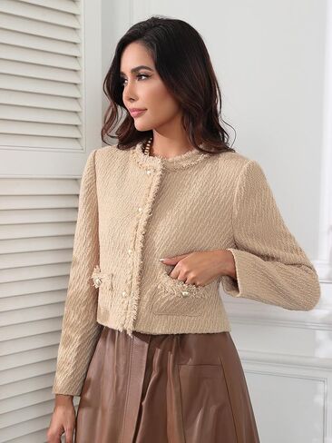 سترات M.Infisavo Tweed Blazer للنساء بأكمام طويلة أنيقة للعمل المكتبي والأعمال التجارية سترة تويد مقصوصة in Kuwait
