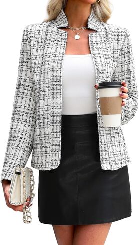 ELLEVEN Womens' Tweed Blazer Long Sleeve Jacket Notch Collar Fully Lined Casual Business Trendy Elegant Work Office Coat in Kuwait