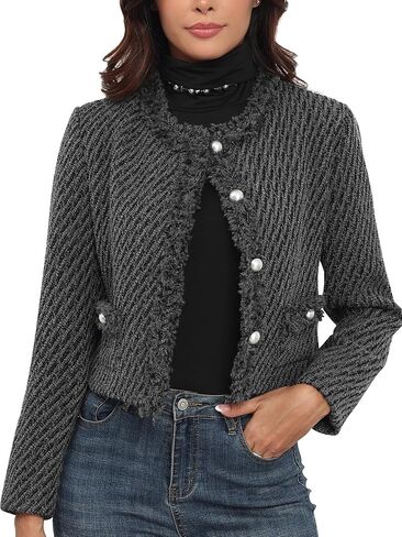 سترات M.Infisavo Tweed Blazer للنساء بأكمام طويلة أنيقة للعمل المكتبي والأعمال التجارية سترة تويد مقصوصة in Kuwait
