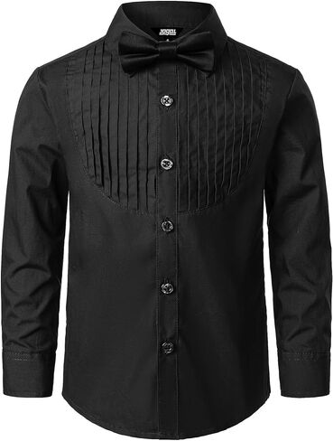 JOGAL Boys Dress Shirts Kids Pleated Tuxedo Shirt with Bow Tie for 6-14 Years Old Boys Button Down Shirt in Kuwait