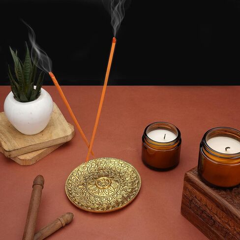 Ajuny Aluminum Round Incense Sticks Burner with Ash Catcher Silver Finish Tibetan Style Seven Chakra Carved Design 11.5 cm Holder Meditation Accessories Spiritual Home Decor Fragrance in Saudi Arabia