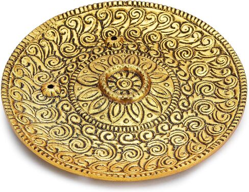 Ajuny Aluminum Round Incense Sticks Burner with Ash Catcher Silver Finish Tibetan Style Seven Chakra Carved Design 11.5 cm Holder Meditation Accessories Spiritual Home Decor Fragrance in Saudi Arabia