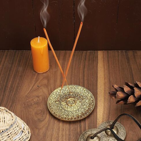 Ajuny Aluminum Round Incense Sticks Burner with Ash Catcher Silver Finish Tibetan Style Seven Chakra Carved Design 11.5 cm Holder Meditation Accessories Spiritual Home Decor Fragrance in Saudi Arabia