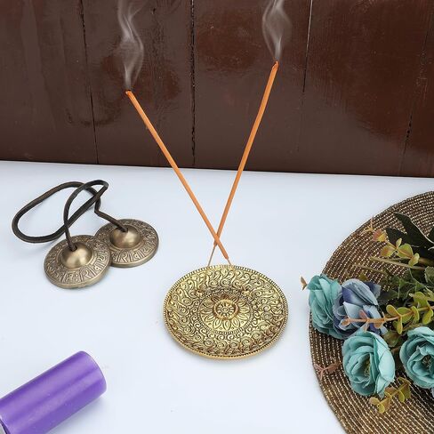 Ajuny Aluminum Round Incense Sticks Burner with Ash Catcher Silver Finish Tibetan Style Seven Chakra Carved Design 11.5 cm Holder Meditation Accessories Spiritual Home Decor Fragrance in Saudi Arabia