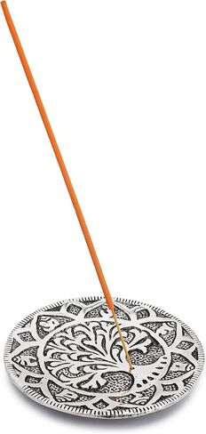 Ajuny Aluminum Round Incense Sticks Burner with Ash Catcher Silver Finish Tibetan Style Seven Chakra Carved Design 11.5 cm Holder Meditation Accessories Spiritual Home Decor Fragrance in Saudi Arabia