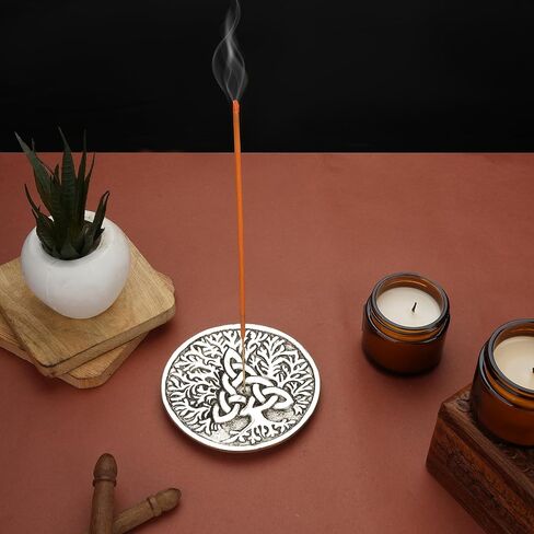 Ajuny Aluminum Round Incense Sticks Burner with Ash Catcher Silver Finish Tibetan Style Seven Chakra Carved Design 11.5 cm Holder Meditation Accessories Spiritual Home Decor Fragrance in Saudi Arabia