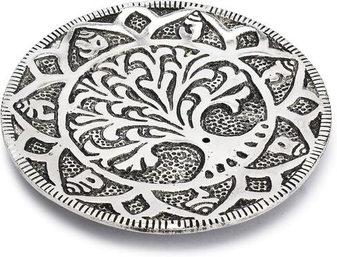Ajuny Aluminum Round Incense Sticks Burner with Ash Catcher Silver Finish Tibetan Style Seven Chakra Carved Design 11.5 cm Holder Meditation Accessories Spiritual Home Decor Fragrance in Saudi Arabia