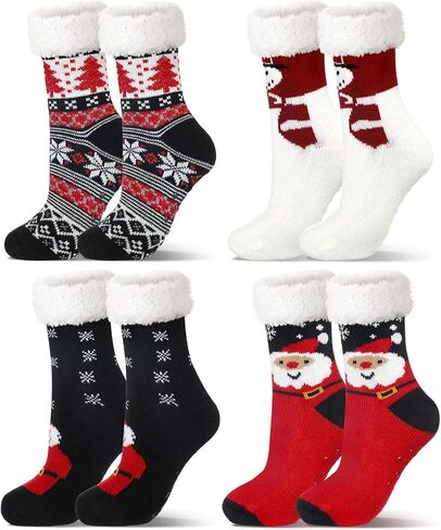 4 Packs Christmas Fluffy Slipper Socks Sherpa Thermal Socks with Grippers Non Slip Fuzzy Slipper Socks Christmas Winter Socks Gift for Women Men in Kuwait