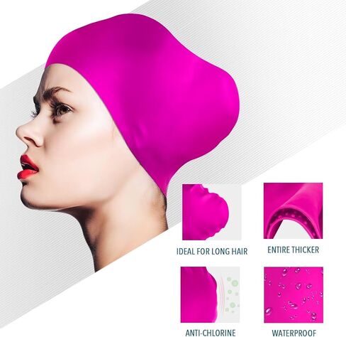 2 Pack Womens Silicone Swim Cap for Long Hair,3D Ergonomic Design Silicone Swimming Caps for Women Kids Men Adults Boys Girls with Ear Plug and Nose Clip(L) in Kuwait