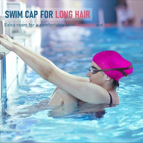 2 Pack Womens Silicone Swim Cap for Long Hair,3D Ergonomic Design Silicone Swimming Caps for Women Kids Men Adults Boys Girls with Ear Plug and Nose Clip(L) in Kuwait