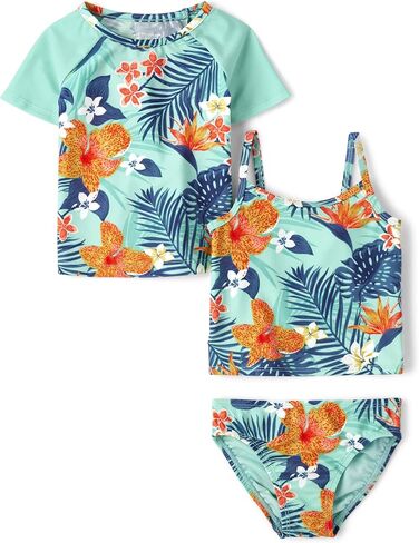 بدلة سباحة Rashguard بأكمام قصيرة للفتيات والأطفال من 3 قطع من The Children's Place، Hawaiian Tropic، 4T in Saudi Arabia
