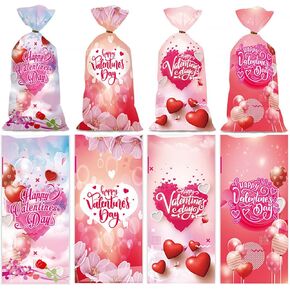 Valentine Cellophane Treat Bags 50 PCS Heart Candy Bags Treats Bags Pink Heart Happy Valentine's Day Patterned Plastic Wrap Gift Bag for Valentine's Party Favors Supplies（5.11'' X 10.82''）
