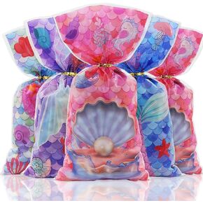100pcs Mermaid Cellophane Bags Mermaid Tail Themed Treat Favor Bags, Transparent Cello Bags with 100 Gold Twist Ties for Goodie Cookies Nut Snack Wrap Birthday Party Favor Supplies
