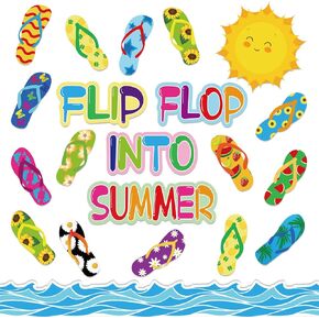 Whaline 60Pcs Flip-Flop Cutouts and Sea Waves Trim Borders Summer Beach Flip Flop Into Bulletin Board Set Hawaiian Slippers Cutouts with Glue Points for Back to School Classroom Party Decor