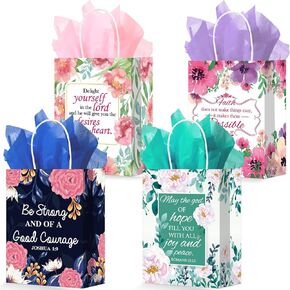 24 Pcs Religious Gift Bags Bible Gift Paper Bags with 24 Tissues Bible Verse Paper Bags with Handles Inspirational Flower Christian Gift Bags Bulk for Women Birthday Wedding Baptism Spring Party Favor