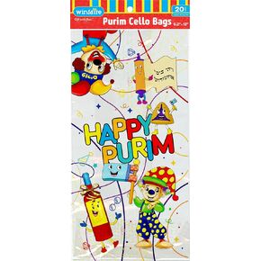 Winfaire Purim Bags - Purim Cellophane Bags - Purim Gift Bags - 20 Pack 5" x 10" Purim Cellophane Treat Bags - Purim Cello Bags - Clown & Hamantash Design