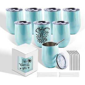 BetterSub 8 Pack 12oz Sublimation Glitter Teal Wine Tumblers Double Wall Insulated Sublimation Blanks Tumblers, Stainless Steel Sublimation Cups with Lid, Metal Straw, Brush, Display Box