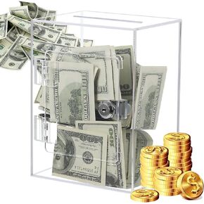 Clear Acrylic Piggy Bank for Adults Kids, Large and Sturdy Money Saving Jar for Cash Coin with Key Change jar, Saving Box for Wedding, Birthday, New Year Gifts and Fun