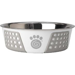 PetRageous 13096 Fiji Stainless Steel Non-Slip Dishwasher Safe Dog Bowl 6.5-Cup Capacity 8.5-inch Diameter 2.75-inch Tall for Large and Extra Large Dogs, White and Light Grey
