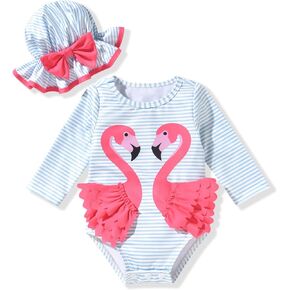 Newborn Infant Baby Girls Long Sleeve Swimsuit with Hat