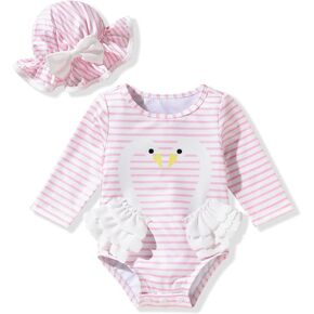 Newborn Infant Baby Girls Long Sleeve Swimsuit with Hat