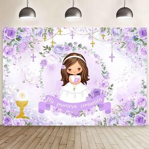 MEHOFOND 7x5ft Mi Primera Comunión Backdrop Pastel Pink Floral Baptism Photography Background for Girl Pink Mi Bautizo Chalice God Bless Doves Glitter Dot Decor First Holy Communion Party Photo Props