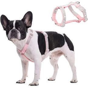 Rhinestone Dog Harness, Reflective Bling Nylon Dog Vest, No Pull Adjustable Buckle D-Ring Harness for Small Medium Dog, Pink XS